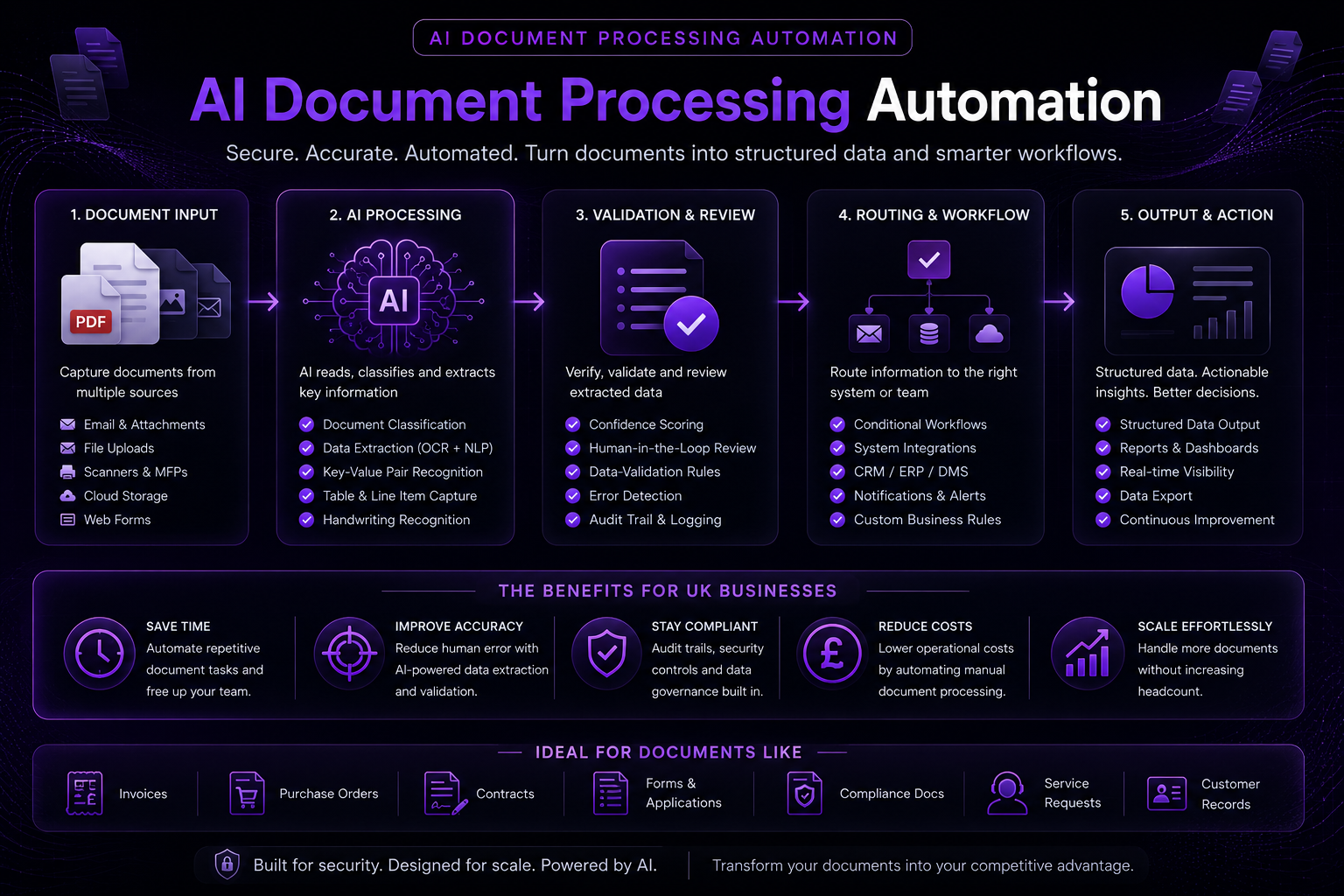 AI document processing automation workflow showing document input, AI extraction, validation, routing and structured data output for UK businesses